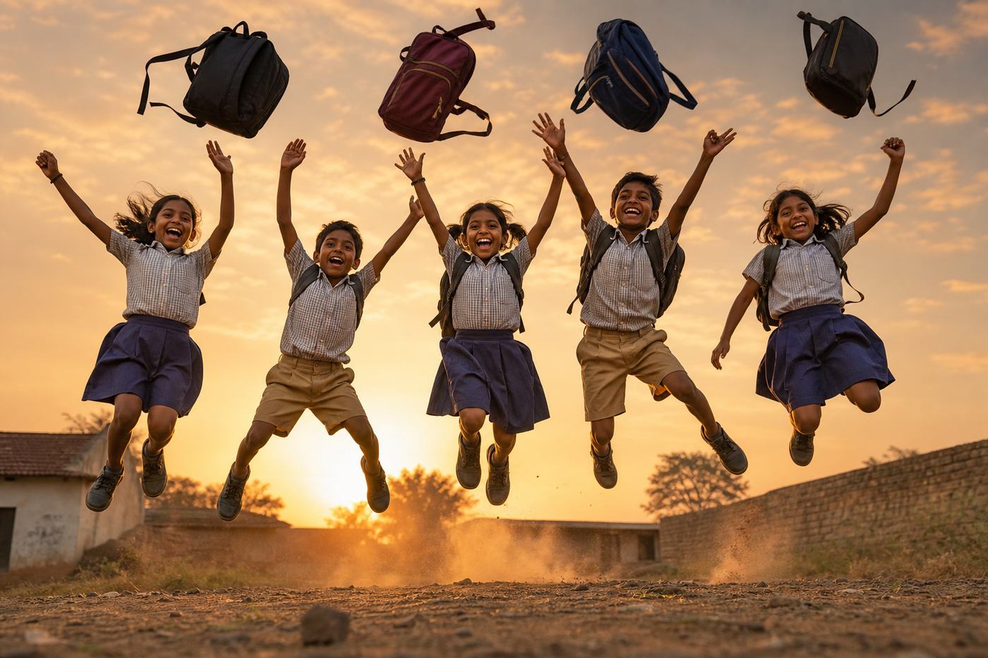 Schoolchildren leaping with joy, schoolbags flying against the sunrise