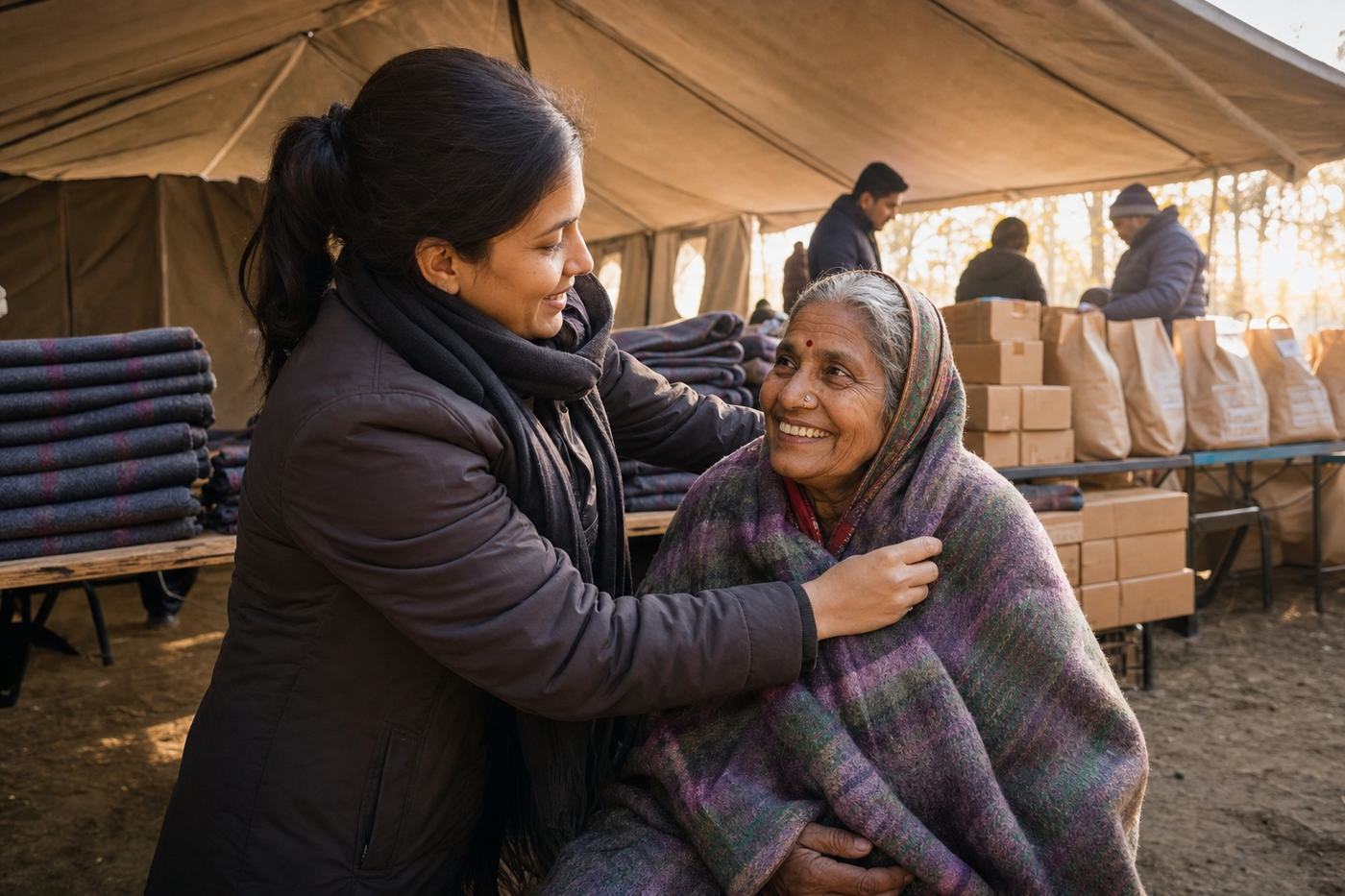 Blankets and ration kits, arranged for distribution.