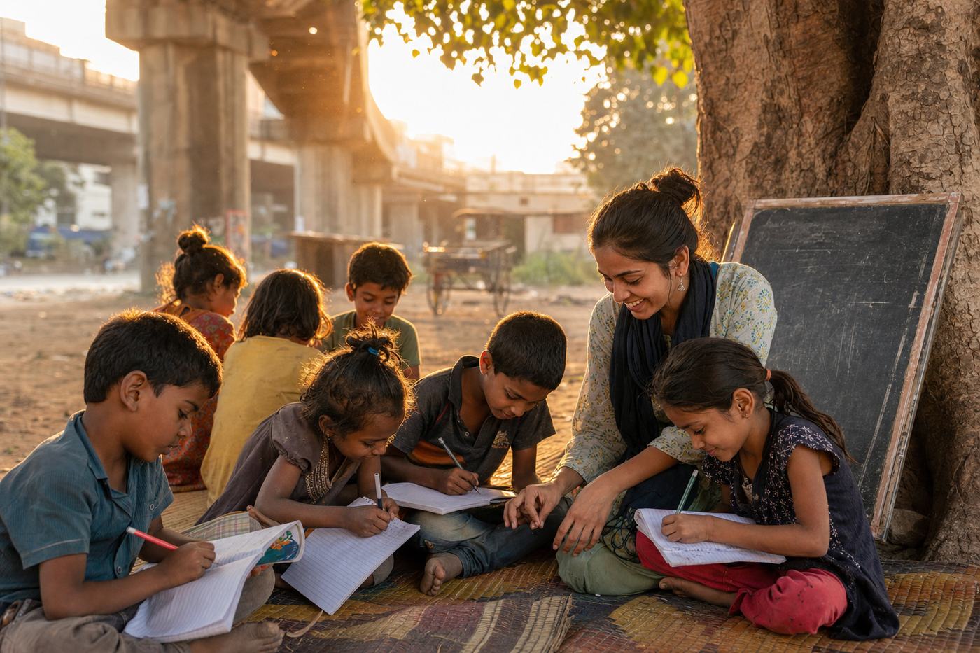 An open-air class in golden light — children writing on mats, a volunteer beside them, city flyover behind