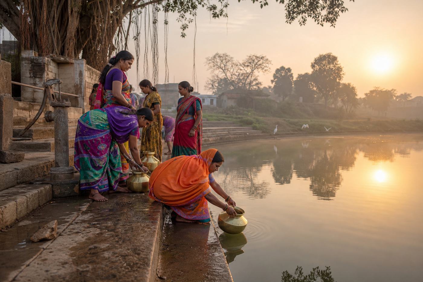 Village women filling brass pots at a restored pond at dawn